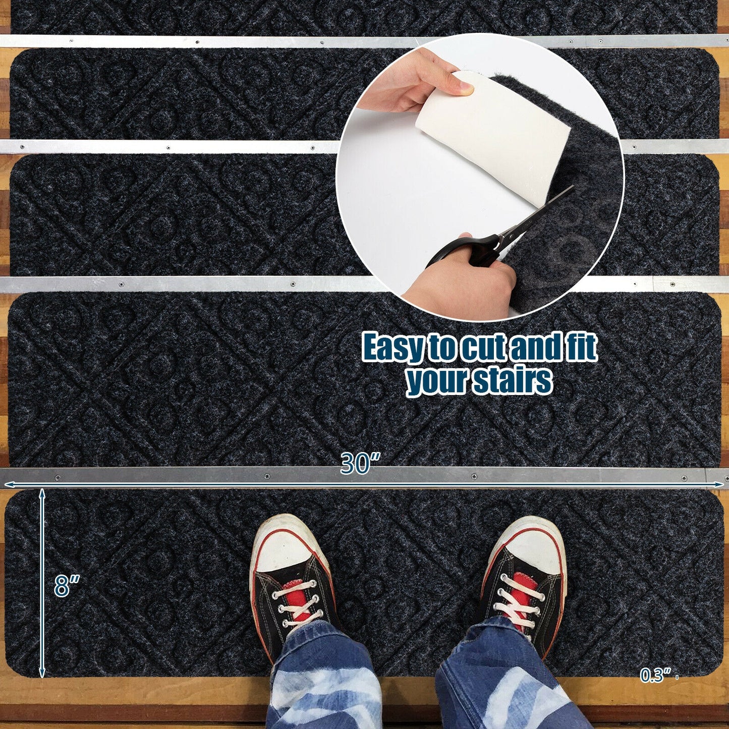 15 Pcs Non Slip Stair Rugs for Safe Comfortable Mats on Wooden Steps - Grey