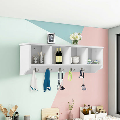 Wall Mounted Entryway Shelf with Hooks and Storage Compartments – White