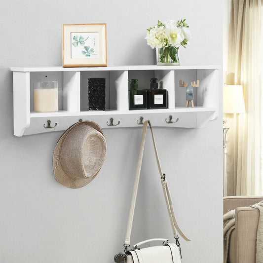 Wall Mounted Entryway Shelf with Hooks and Storage Compartments – White