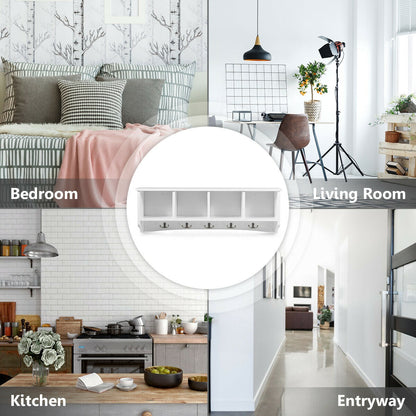 Wall Mounted Entryway Shelf with Hooks and Storage Compartments – White