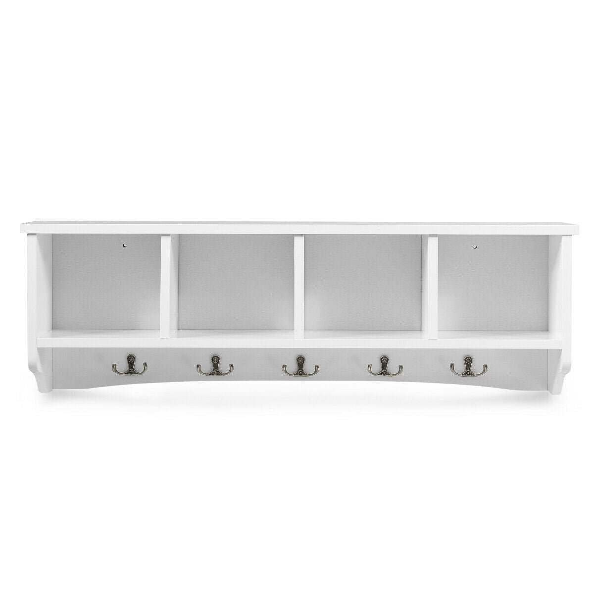 Wall Mounted Entryway Shelf with Hooks and Storage Compartments – White