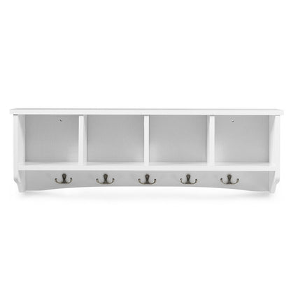 Wall Mounted Entryway Shelf with Hooks and Storage Compartments – White