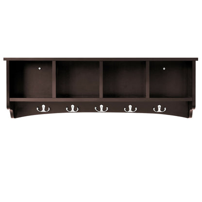 Wall Mounted Entryway Shelf with Hooks and Storage Compartments – Brown