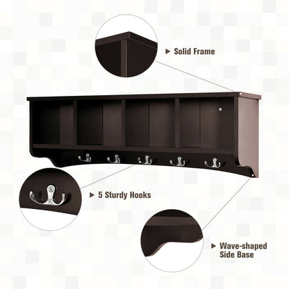 Wall Mounted Entryway Shelf with Hooks and Storage Compartments – Brown