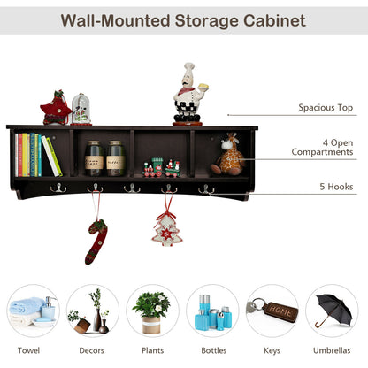 Wall Mounted Entryway Shelf with Hooks and Storage Compartments – Brown