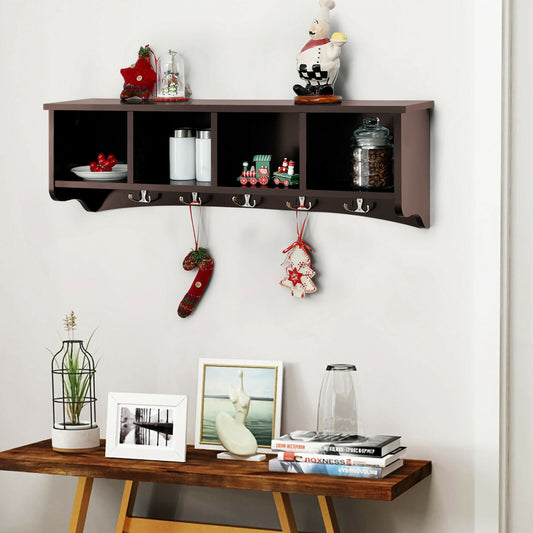 Wall Mounted Entryway Shelf with Hooks and Storage Compartments – Brown