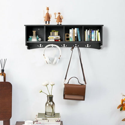 Wall Mounted Entryway Shelf with Hooks and Storage Compartments – Black