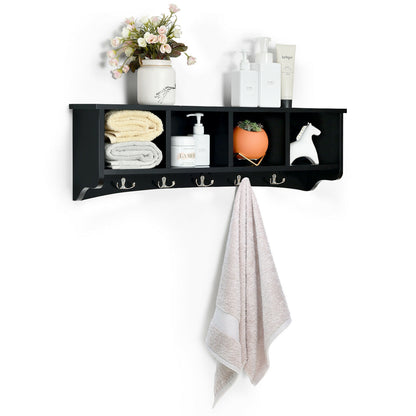 Wall Mounted Entryway Shelf with Hooks and Storage Compartments – Black