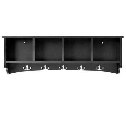 Wall Mounted Entryway Shelf with Hooks and Storage Compartments – Black
