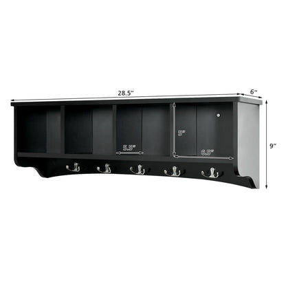 Wall Mounted Entryway Shelf with Hooks and Storage Compartments – Black
