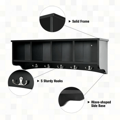 Wall Mounted Entryway Shelf with Hooks and Storage Compartments – Black