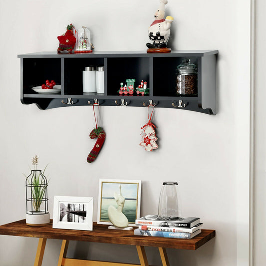 Wall Mounted Entryway Shelf with Hooks and Storage Compartments – Black