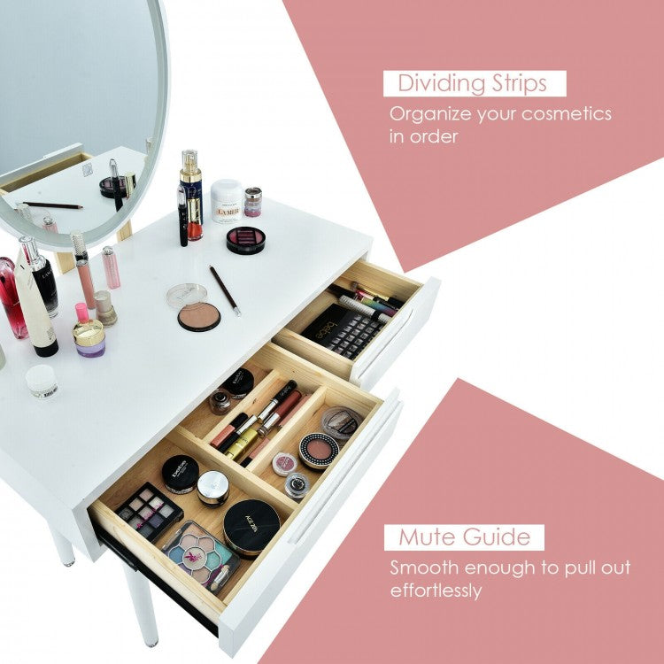 Touch Screen Vanity Makeup Table Set with 3-Color Dimmable LED Mirror and Cushioned Stool – White