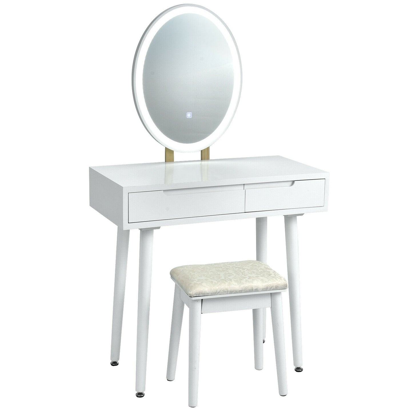 Touch Screen Vanity Makeup Table Set with 3-Color Dimmable LED Mirror and Cushioned Stool – White