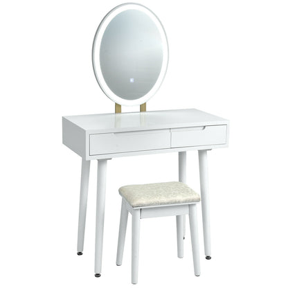 Touch Screen Vanity Makeup Table Set with 3-Color Dimmable LED Mirror and Cushioned Stool – White