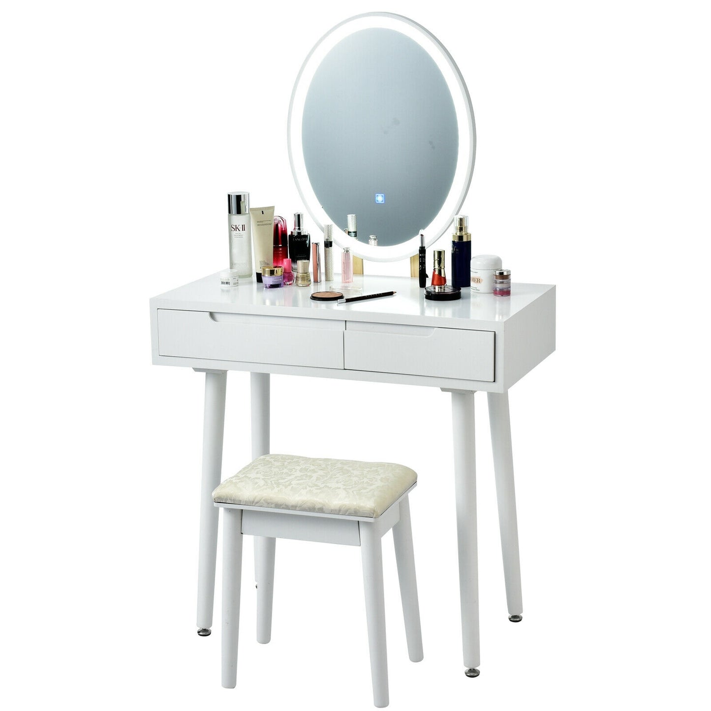 Touch Screen Vanity Makeup Table Set with 3-Color Dimmable LED Mirror and Cushioned Stool – White