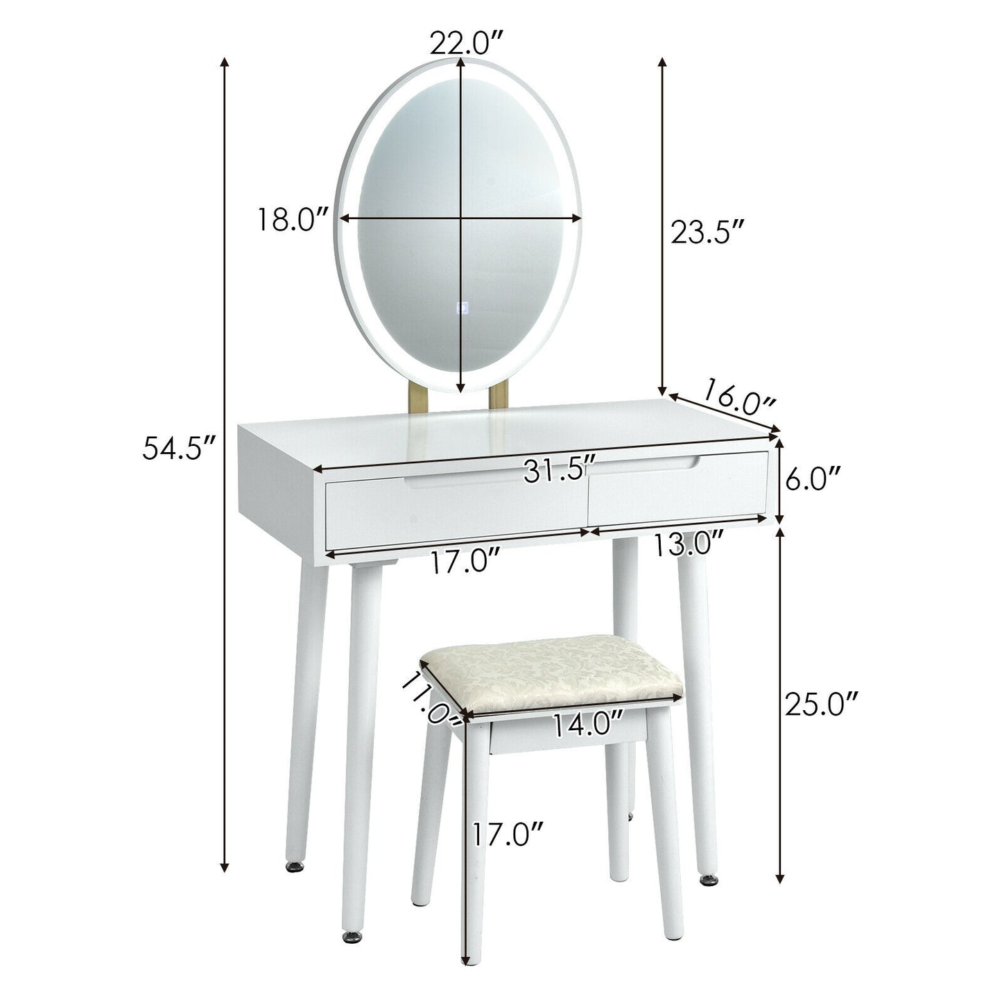 Touch Screen Vanity Makeup Table Set with 3-Color Dimmable LED Mirror and Cushioned Stool – White