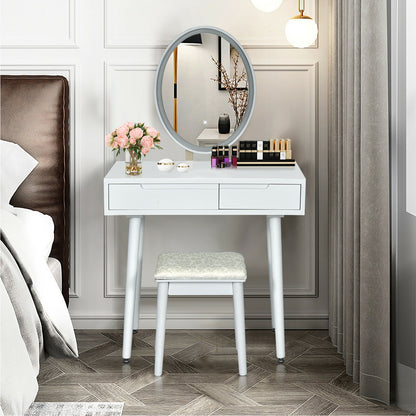 Touch Screen Vanity Makeup Table Set with 3-Color Dimmable LED Mirror and Cushioned Stool – White