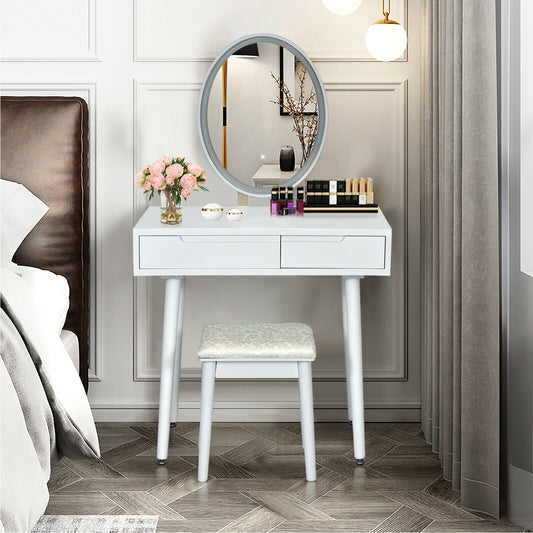 Touch Screen Vanity Makeup Table Set with 3-Color Dimmable LED Mirror and Cushioned Stool – White