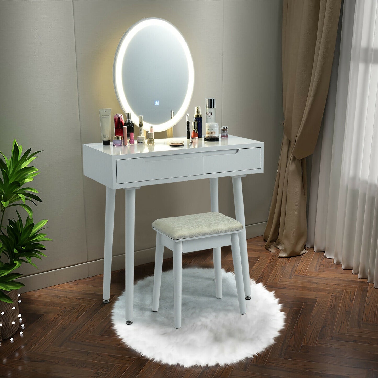 Touch Screen Vanity Makeup Table Set with 3-Color Dimmable LED Mirror and Cushioned Stool – White