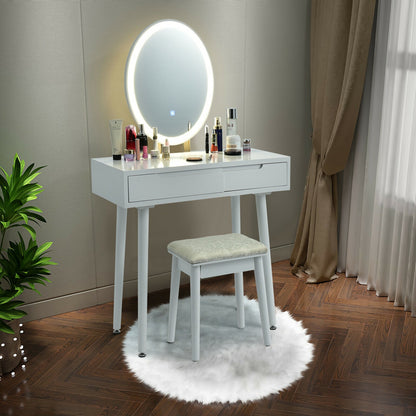 Touch Screen Vanity Makeup Table Set with 3-Color Dimmable LED Mirror and Cushioned Stool – White