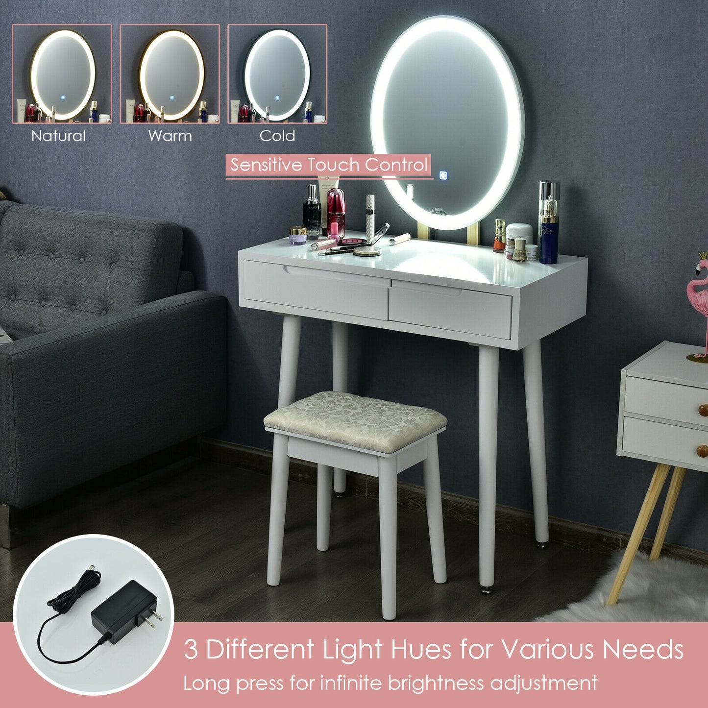 Touch Screen Vanity Makeup Table Set with 3-Color Dimmable LED Mirror and Cushioned Stool – White