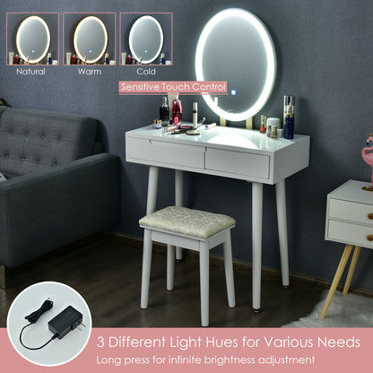 Touch Screen Vanity Makeup Table Set with 3-Color Dimmable LED Mirror and Cushioned Stool – White