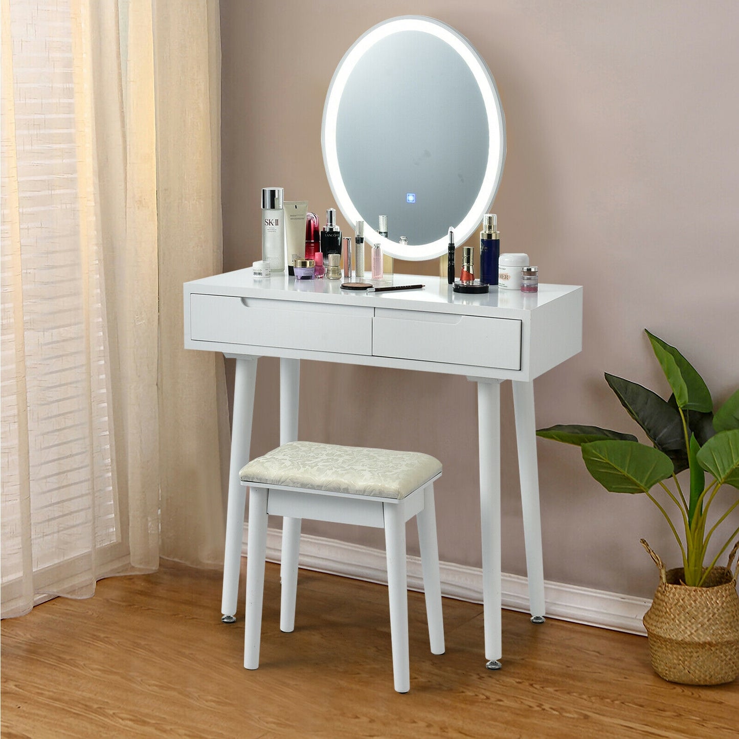 Touch Screen Vanity Makeup Table Set with 3-Color Dimmable LED Mirror and Cushioned Stool – White