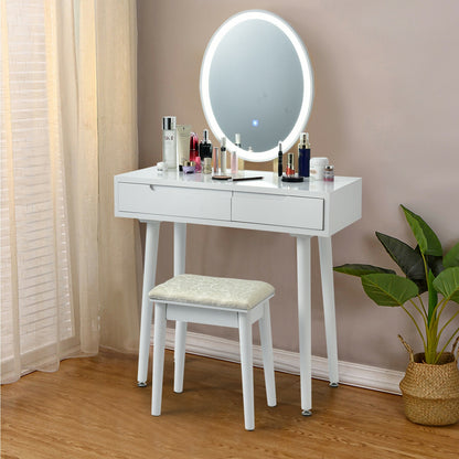 Touch Screen Vanity Makeup Table Set with 3-Color Dimmable LED Mirror and Cushioned Stool – White