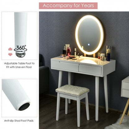 Touch Screen Vanity Makeup Table Set with 3-Color Dimmable LED Mirror and Cushioned Stool – White