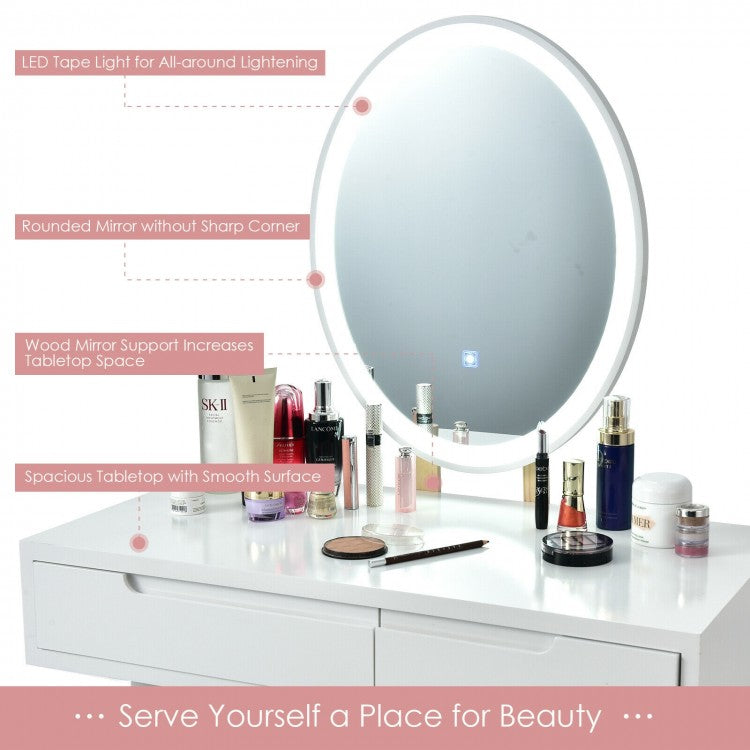 Touch Screen Vanity Makeup Table Set with 3-Color Dimmable LED Mirror and Cushioned Stool – White