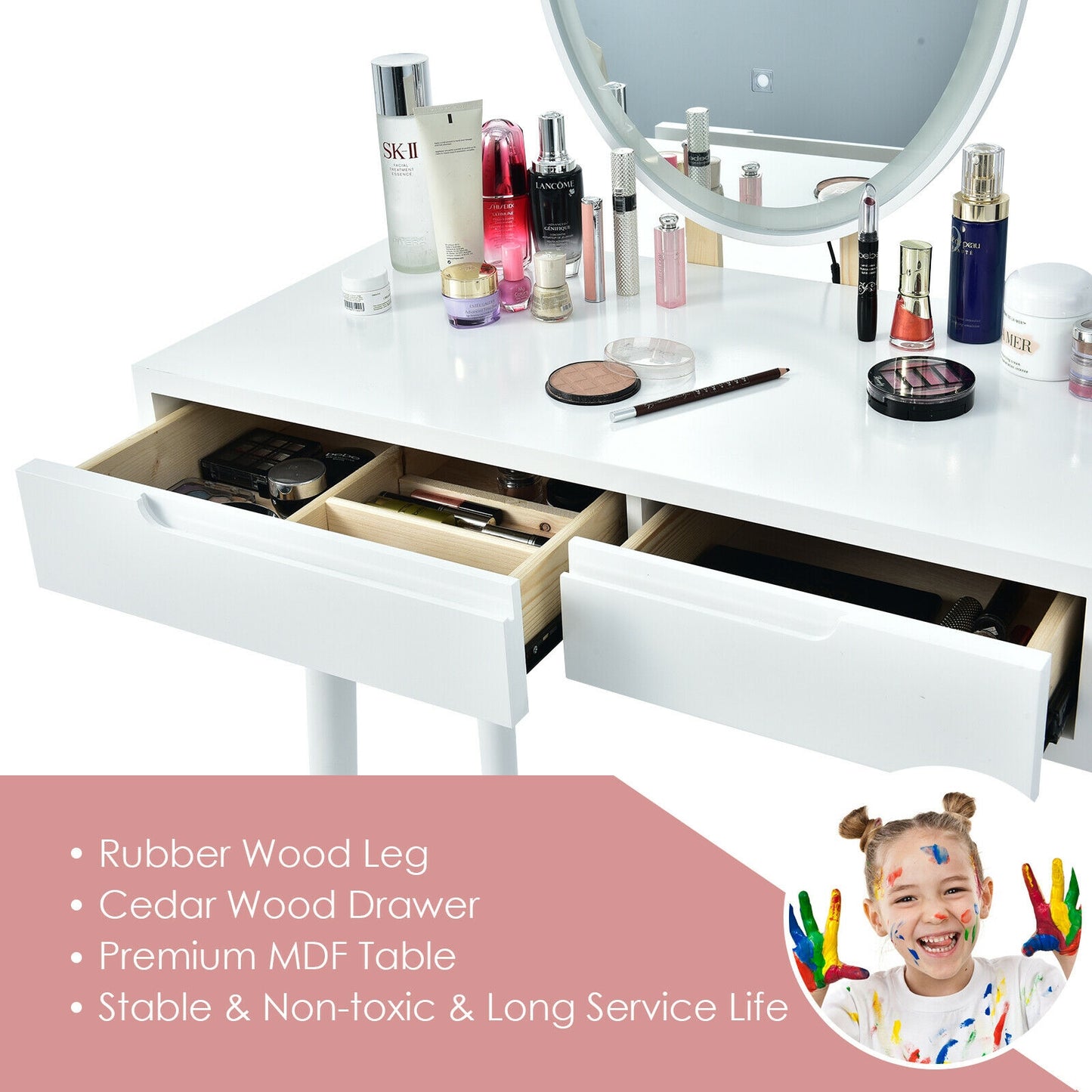 Touch Screen Vanity Makeup Table Set with 3-Color Dimmable LED Mirror and Cushioned Stool – White