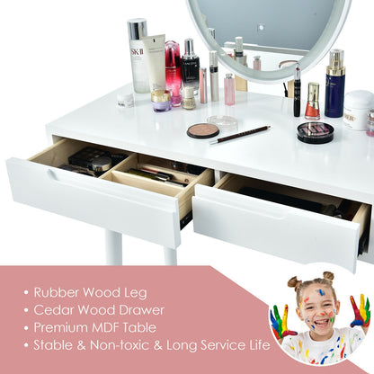Touch Screen Vanity Makeup Table Set with 3-Color Dimmable LED Mirror and Cushioned Stool – White
