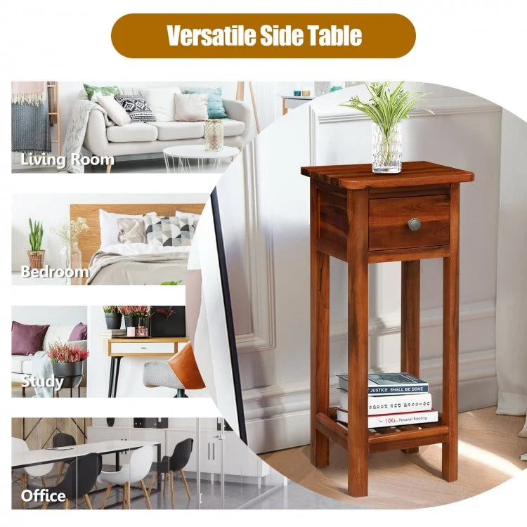 2-Tier Bedside Table with Drawer and Storage Shelf in Brown Finish
