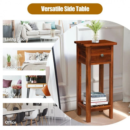 2-Tier Bedside Table with Drawer and Storage Shelf in Brown Finish