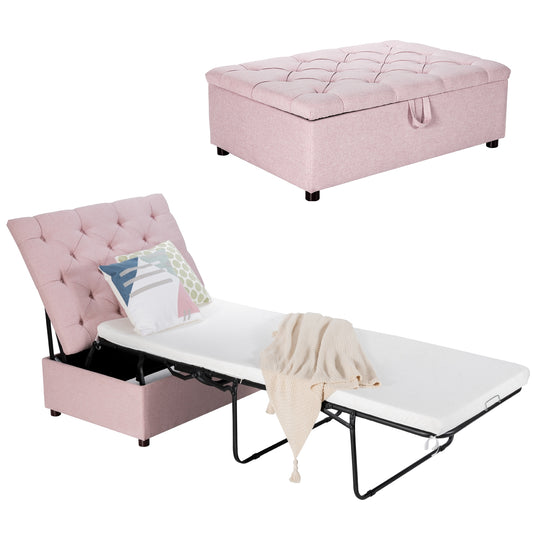 Folding Ottoman Sleeper Bed with Memory Foam Mattress - Pink