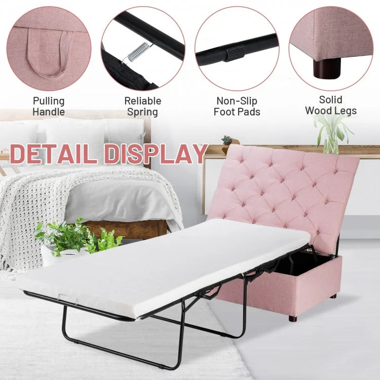 Folding Ottoman Sleeper Bed with Memory Foam Mattress - Pink