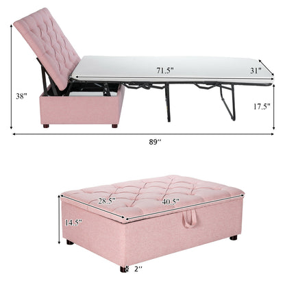 Folding Ottoman Sleeper Bed with Memory Foam Mattress - Pink