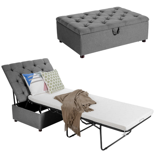 Folding Ottoman Sleeper Bed with Memory Foam Mattress - Grey