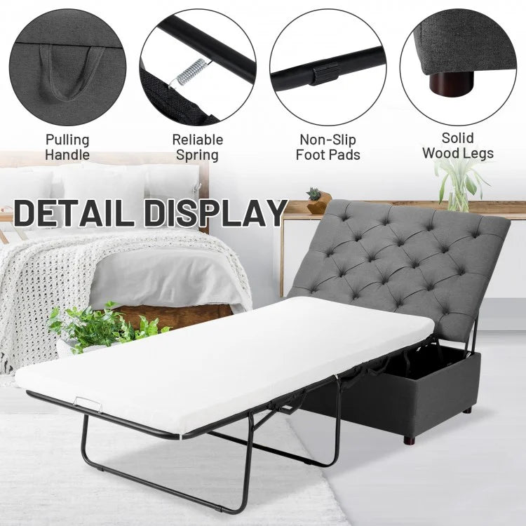 Folding Ottoman Sleeper Bed with Memory Foam Mattress - Grey