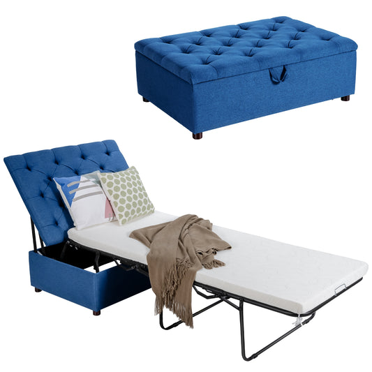 Folding Ottoman Sleeper Bed with Memory Foam Mattress - Blue