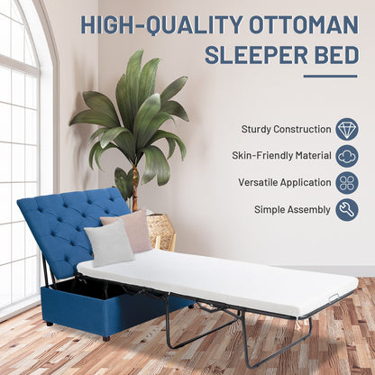 Folding Ottoman Sleeper Bed with Memory Foam Mattress - Blue