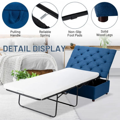 Folding Ottoman Sleeper Bed with Memory Foam Mattress - Blue