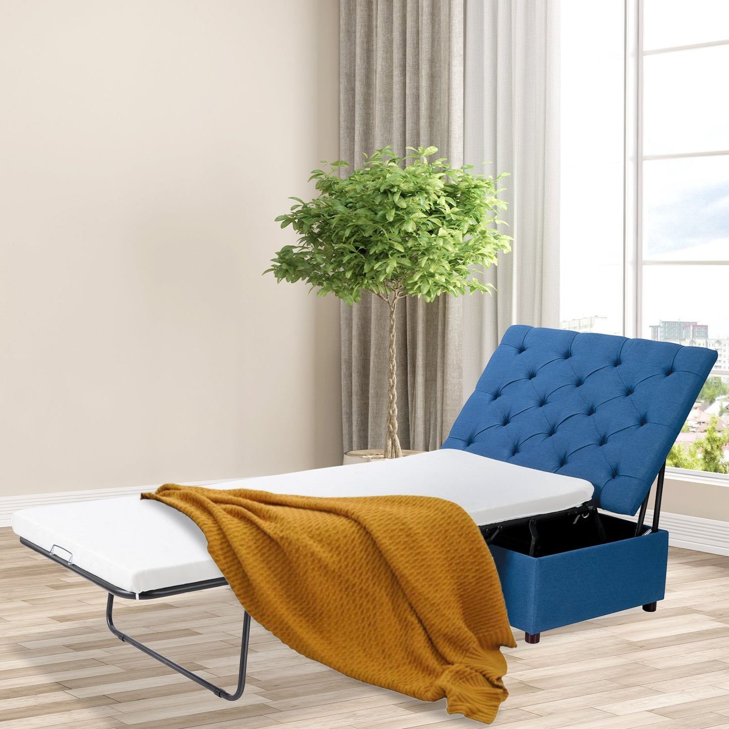Folding Ottoman Sleeper Bed with Memory Foam Mattress - Blue