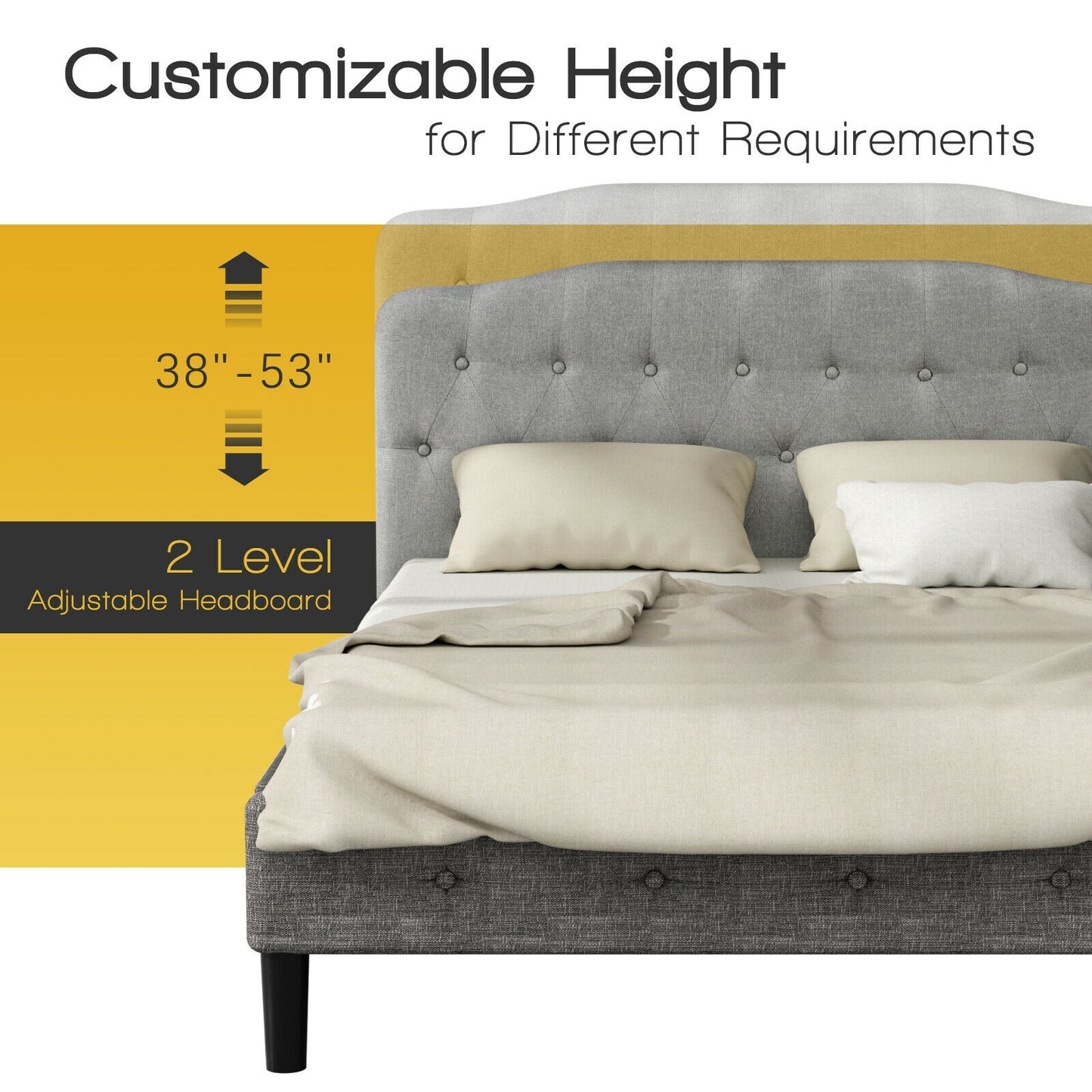 Adjustable Height Upholstered Queen Headboard - Light Grey