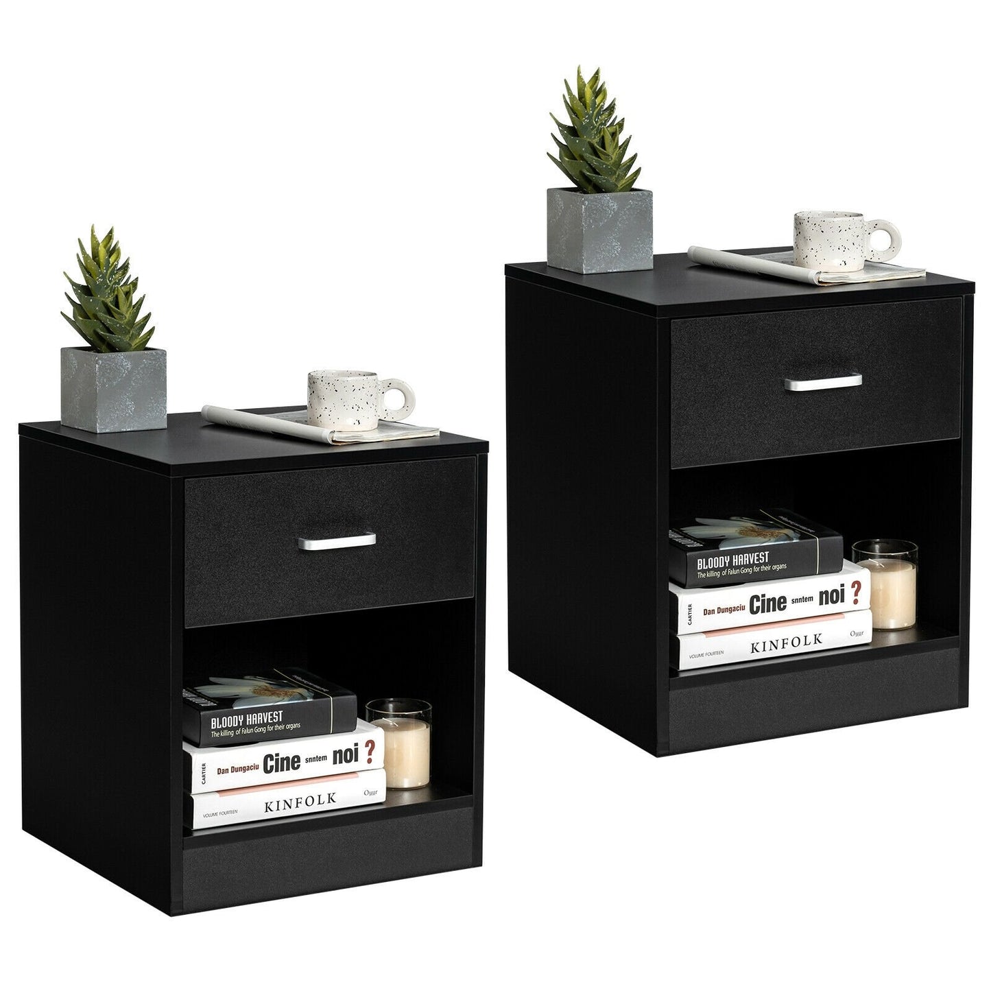 Set of 2 Modern Nightstands with Drawer and Open Storage Shelf – Black Finish