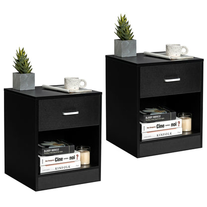 Set of 2 Modern Nightstands with Drawer and Open Storage Shelf – Black Finish