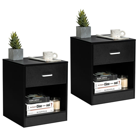 Set of 2 Modern Nightstands with Drawer and Open Storage Shelf – Black Finish