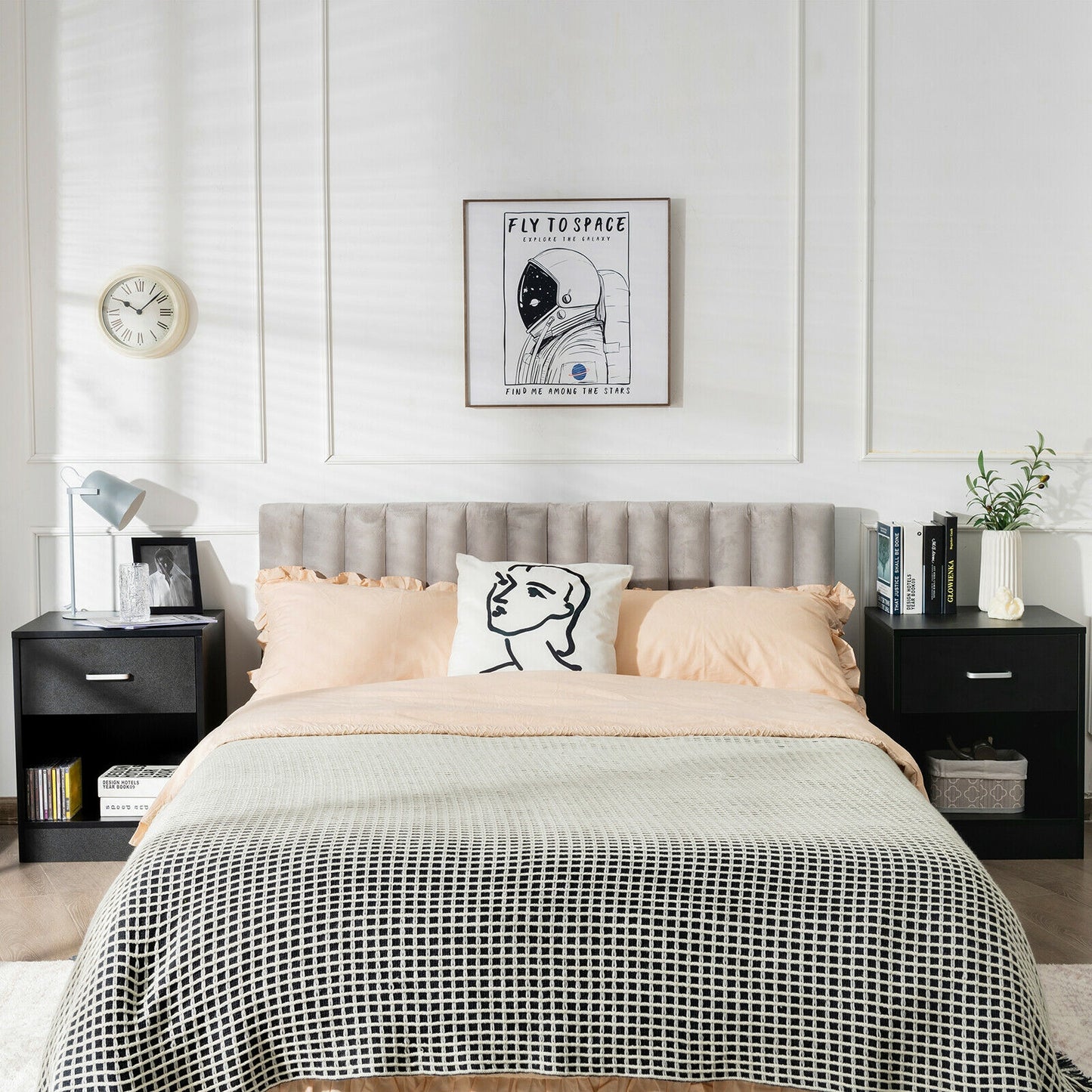 Set of 2 Modern Nightstands with Drawer and Open Storage Shelf – Black Finish