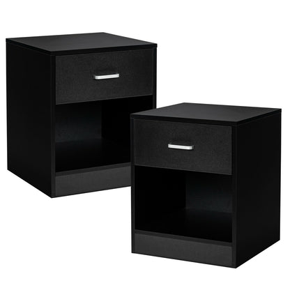 Set of 2 Modern Nightstands with Drawer and Open Storage Shelf – Black Finish